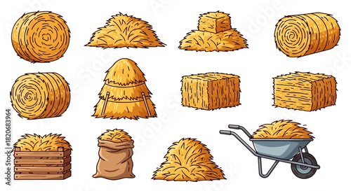 Hay Bales and Stacks Collection Farm Harvest Illustrations