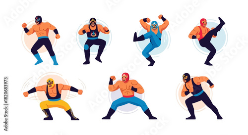 Lucha Libre Wrestlers Vector Set Masked Fighters in Action Poses