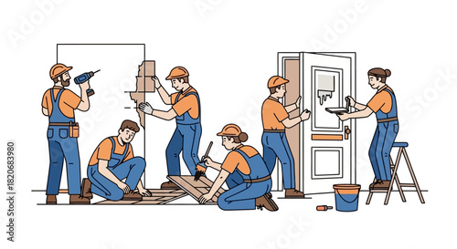Construction Crew Cartoon Renovating Interior Space