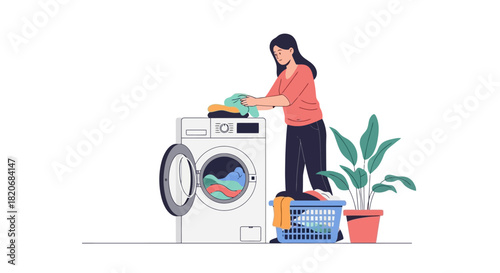 Woman Doing Laundry with Washing Machine Illustration