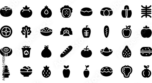 Diverse collection of simple black silhouette icons representing various fruits, vegetables, food items and healthy diet Vector