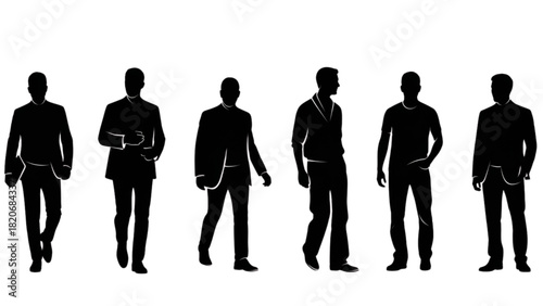 Collection of diverse male silhouettes showcasing various standing poses and professional to casual styles for design elements