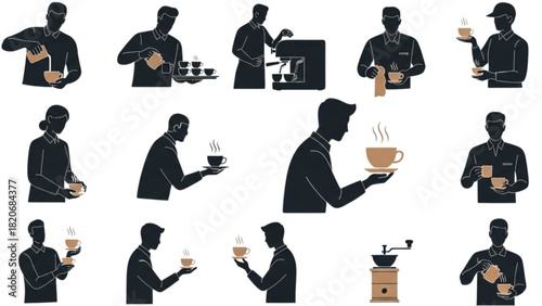Barista Icons Preparing and Serving Coffee, Silhouette Vector Art