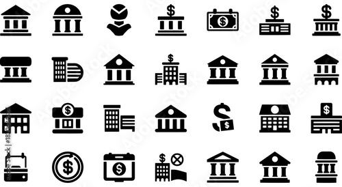 Collection of financial institution icons, bank buildings, and money symbols for digital business concepts. Vector