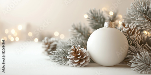 Christmas white decoration ball and spruce tree close up, bokeh lights background. Merry Christmas and Happy Holidays greeting card, frame, banner. New Year. Noel. Winter festive xmas theme. © elenabdesign