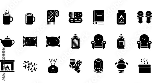 A comprehensive collection of cozy home comfort icons, featuring essential items for relaxation and warmth Vector