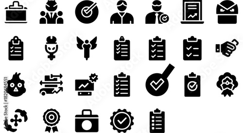 Essential icon set for business strategy, goal achievement, task management, and corporate solutions design. Vector