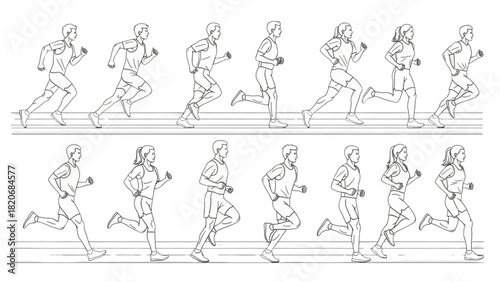 Character animation frames showing a male and female run cycle sequence from the side view