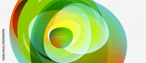 Abstract vibrant design. Overlapping translucent shapes create dynamic visual effect. Green, yellow, orange hues dominate composition. Modern aesthetic.