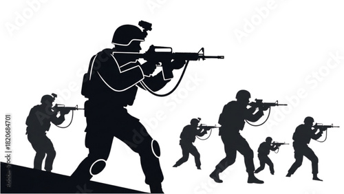 Dynamic black and white vector silhouette of armed soldiers in formation, depicting military strategy and action
