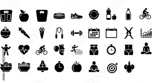 Health and fitness lifestyle icon set depicting diet, exercise, wellness, and body goals for active living design Vector