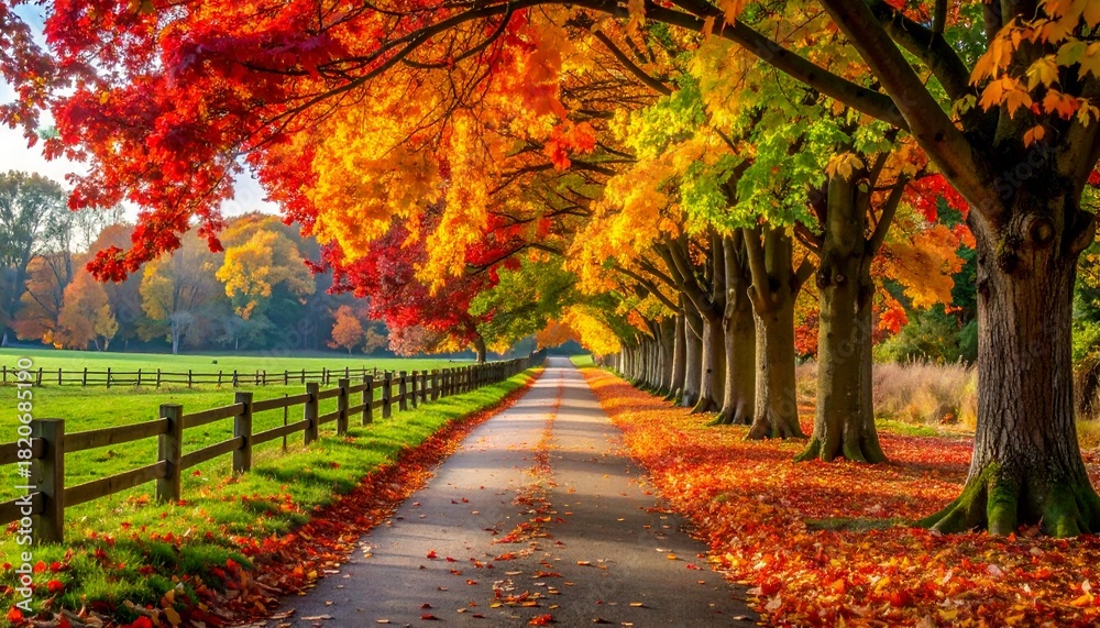 Naklejka premium Autumn Road - A Scenic Pathway Lined with Vibrant Fall Foliage.