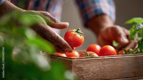 Photorealistic close-up of diverse hands gently picking ripe tomatoes into a crate, with crisp sunlight and soft leafy background on an organic farm.
