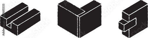 Stacked rectangular blocks in three arrangements