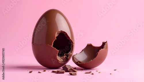 Cracked Chocolate Easter Egg on Pink Background.