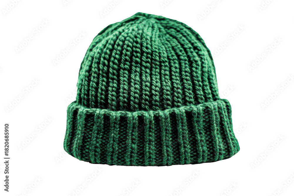 Fototapeta premium Green knitted winter beanie hat isolated on transparent background. Green knitted beanie hat displayed isolated on white background.