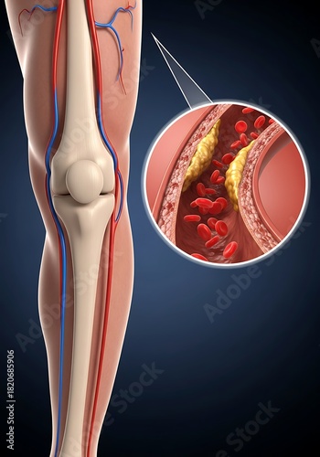 Leg Anatomy with Blood Vessels and Atherosclerosis Detail on Dark Blue