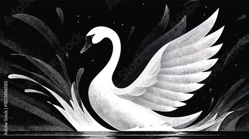 A majestic white swan gracefully emerges from dark water, its powerful wings spread wide, creating dynamic splashes against the serene, mysterious backdrop
