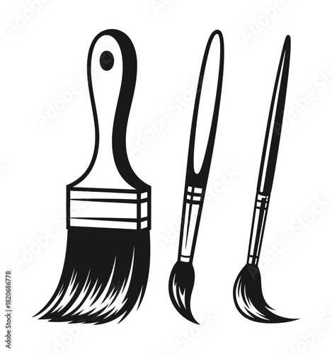 Artistic painting brush set, black and white vector illustration for creative design projects, fine art, hobbies, and professional artists' tools