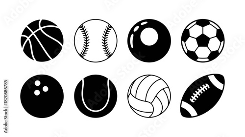 Black and white vector icons of diverse sports balls: basketball, baseball, soccer, tennis, volleyball, football, bowling, and billiards.
