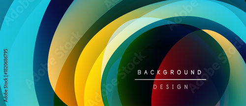 Abstract colorful layers create dynamic visual effect. Concentric curves blend, forming modern background design. Text reads background design.