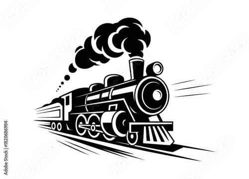 Classic steam train speeding forward illustration, vintage locomotive with puffing smoke, depicting old-fashioned rail transport and journey art