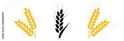 Stylized wheat grain stalks icon set featuring two golden yellow and one bold black ear of wheat representing agriculture, harvest, and food production