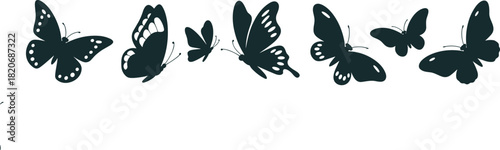 Butterfly silhouette set, flying insect icons, black wing shapes, nature design, decorative vector, minimal, elegant, stylish, symmetrical, artistic