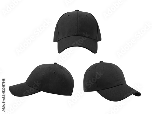Three black baseball caps shown in front and side views on a white background.