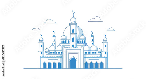 Blue line art illustration of a majestic mosque with multiple domes and towering minarets, adorned with crescent moon symbols, representing islamic architecture and worship