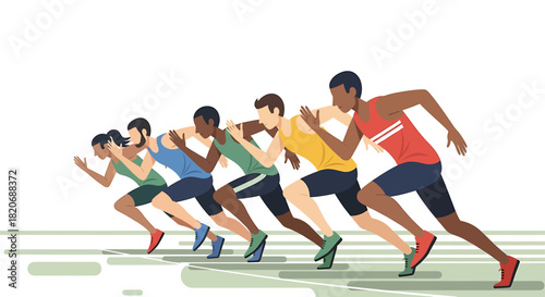 A diverse team of athletes stands ready at the starting line, embodying anticipation and the global spirit of the cross country championships, presented in a clean flat design.