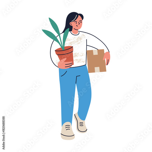 Vector illustration with flat cartoon woman carrying cardboard box and potted plant, moving home or office theme, relocation moment, fresh start, lifestyle change visuals for housing projects