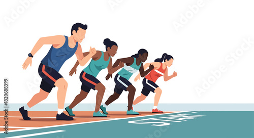 A diverse team of athletes stands ready at the starting line, embodying anticipation and the global spirit of the cross country championships, presented in a clean flat design.