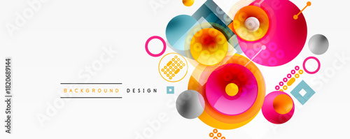 Abstract colorful shapes overlap. Circles, squares, dots create modern design. Bright hues contrast with white background.