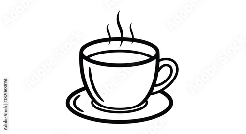 A simple black and white line art illustration of a steaming hot cup of coffee or tea on a saucer, perfect for icons, menus, or web design
