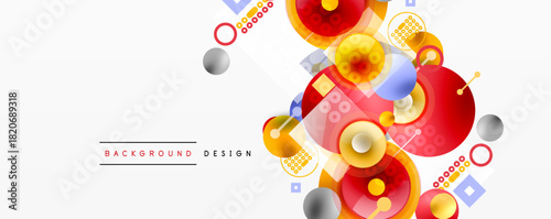 Abstract geometric shapes, vibrant colors, dynamic composition. Modern design elements create interesting visual texture. Background suggests innovation.