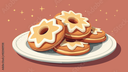 Golden star-shaped iced cookies stacked on a plate with warm festive glow christmas cookies plate christmas
