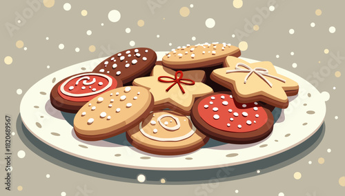 Assorted festive cookies on a plate with soft snowfall christmas cookies plate christmas