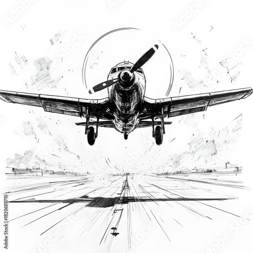 Soaring Above: A vintage aircraft ascends from the runway, propeller blurring, set against a dramatic sky.