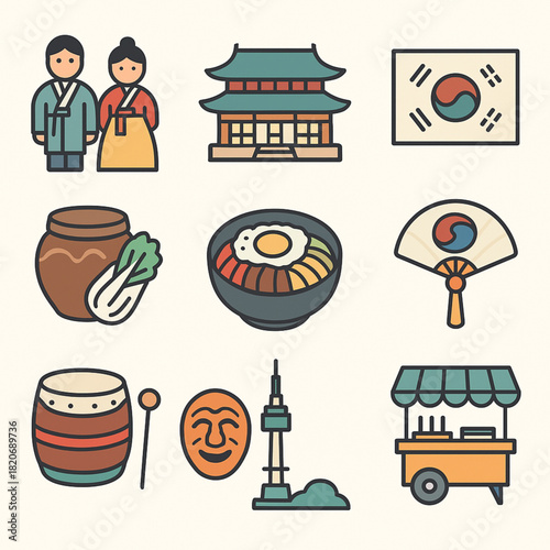 Korea Culture Icon Pack with 12 Flat Vector Icons