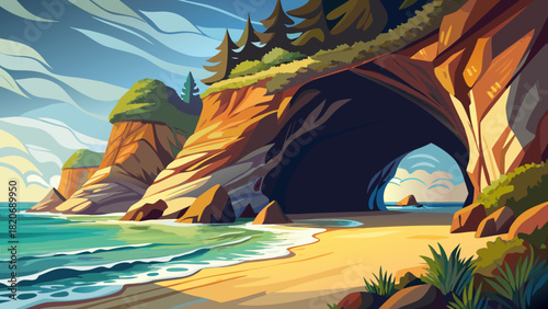 Very beautiful view of a sea cave along the beach at Hug Point near Arch Cape in Oregon, USA, featuring rugged rock formations, soft sand, and gentle ocean waves under natural daylight.