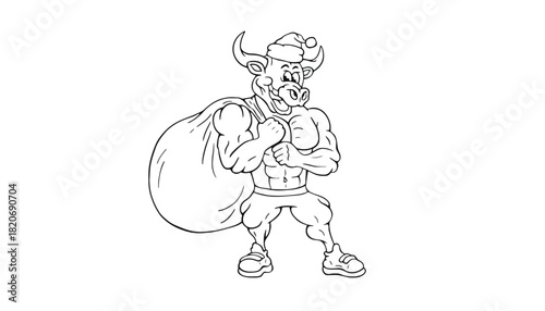 Muscular bull in Santa hat carrying large gift bag with festive cheer