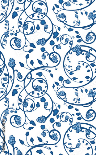 Vector seamless floral wallpaper series with blackberries and swirls. Wedding backgrounds, page decorations, fabric, carpet and scarf patterns. Floral ornamental motifs in Eastern and Turkish style.	