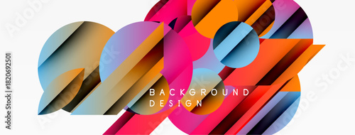 Abstract geometric shapes, vibrant colors, dynamic composition. Modern design elements create visually striking background.