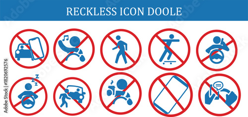 Isolated reckless behavior warning icons featuring bold prohibition signs. Perfect for safety posters, traffic awareness visuals, public instructions, and educational design projects.