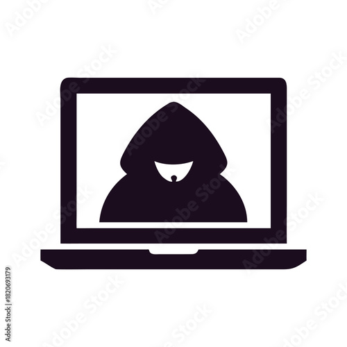 A black laptop with a hooded figure on the screen, symbolizing online anonymity, data security concerns, and the potential for cyber threats