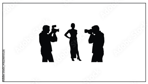 Silhouettes of photographers capturing a poised model on a white background.