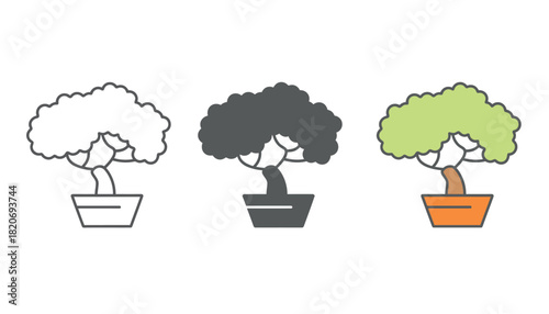 Stylized illustrations of a potted bonsai tree in three different color variations.