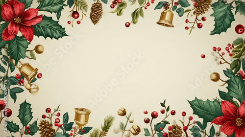 Stylish Christmas background featuring wreath elements in the corners, holly leaves, pine cones, gold bells, red berries, clean bright center area for text, traditional festive feel