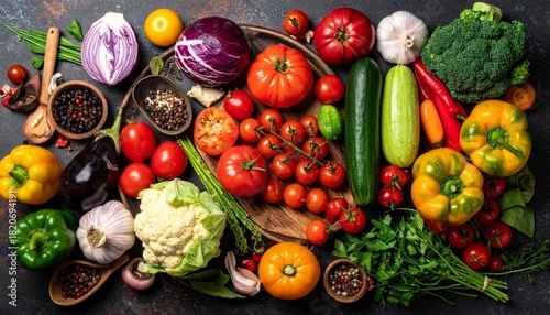 Wallpaper Mural Fresh, healthy vegetables and fruits including tomatoes, peppers, and broccoli on a market stall Torontodigital.ca